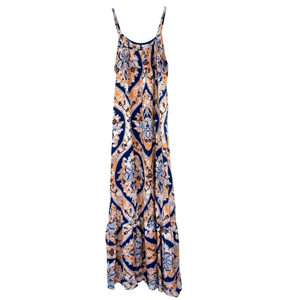 Boho Paisley Print Maxi Dress Blue Orange Spaghetti Strap Sleeveless Size Medium